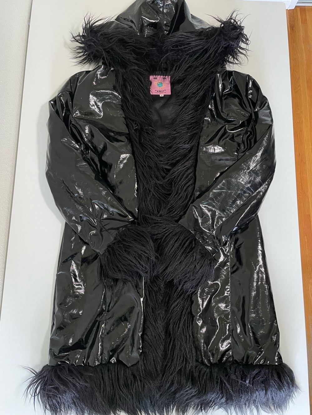 UNIF Imp Coat Glossy Vinyl Faux Fur Trim Hooded Jacket Black Medium Whimsigoth - Picture 10 of 16